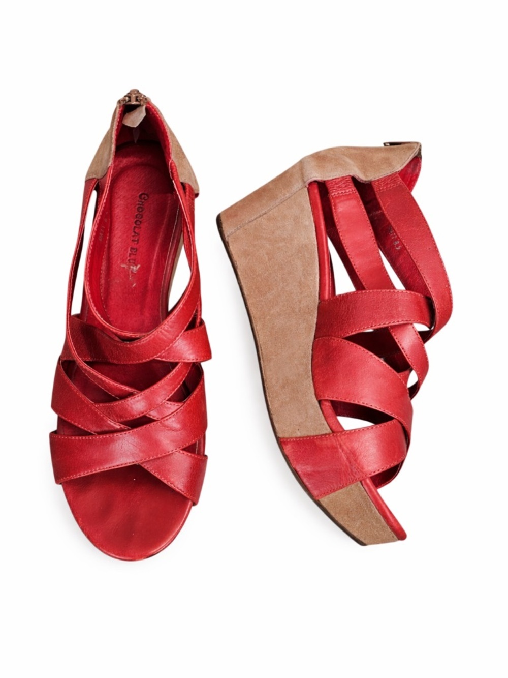 Chocolat Blu Red Leather Strappy Platform Wedge Sandals 8.5 Suede Heel Zip